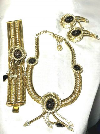 Stunning Hobe Necklace,  Bracelet & Earring Set Rhinestones & Foil Art Glass Cabs