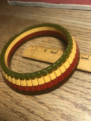 Bakelite Bracelet Green Yellow Red Brown 3 1/4 Inch Diameter 25/8 Inside
