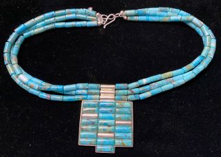 Vintage Dtr Jay King 925 Silver Turquoise 3 Strand Pendant Necklace