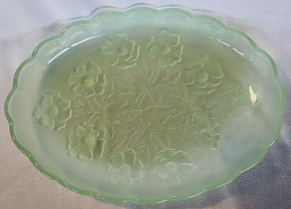 Vintage Retro Green Frosted Glass Dish Platter With Rose Pattern 27cm