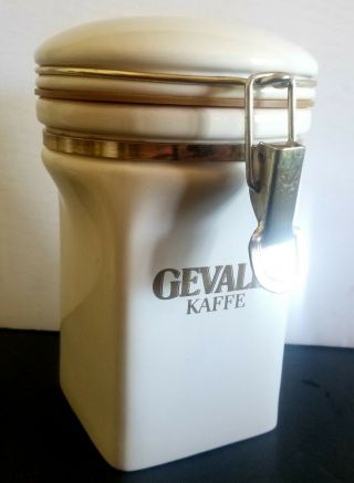 Gevalia Kaffe Ceramic Coffee Canister Jar White & Gold Cond.
