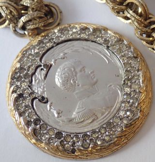 Vintage Nettie Rosenstein Gold Plate Silver Tone Rhinestone Medallion Necklace