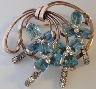 Vintage Pennino Sterling Silver Aquamarine Crystal Rhinestone Flower Brooch