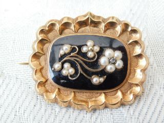 Georgian 18ct Gold Enamel Pearl Diamond Mourning Pin Brooch - 1835 Sykes