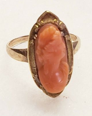Atq Art Nouveau 18k Rose Gold And Coral Carved Cameo Ring Sz.  6.  5