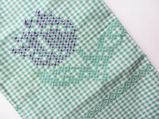 Vintage Tablecloth Green White Checked Square Hand Stitched Pattern