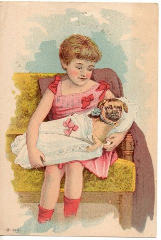 66544 Trade Card Ca 1880 Jewett Piano Co Leominster Mass Girl W Swaddled Pug Dog