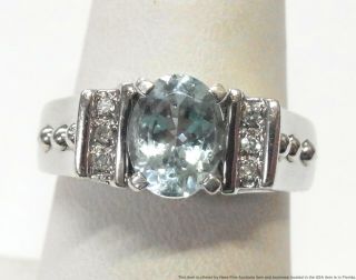 Heavy 14k White Gold Aquamarine Diamond Ring Ladies Designer Signed Size 8.  75
