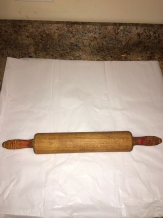 Antique Vintage Wooden Wood Rolling Pin 18” Red Ribbed Handle Kitchen Farmhouse
