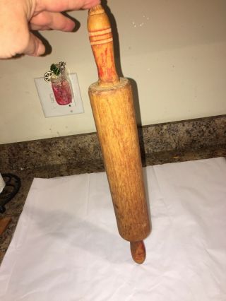 Antique Vintage Wooden Wood ROLLING PIN 18” Red Ribbed Handle Kitchen Farmhouse 3