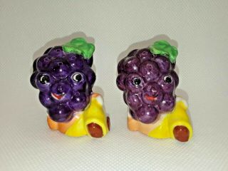 Vintage Salt & Pepper Shakers Anthropomorphic Grape Faces W/ Corks