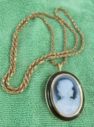 Vintage Italian 18k Gold Carved Blue Agate Cameo Brooch Pin Pendant&925 Necklace