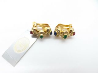 Christian Dior Vtg Nwt Gold Tone Hoop Clip - On Earrings W/ Colored Cabochons