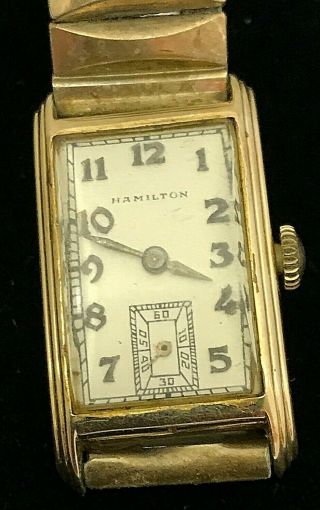 Vintage Hamilton Mens Wrist Watch 14k Yellow Gold Runs Tank Style