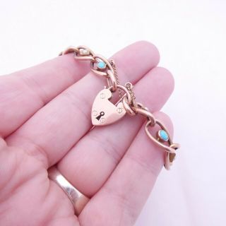 9ct Rose Gold Turquoise Seed Pearl Padlock Clasp Bracelet Heavy Victorian