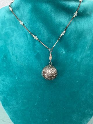 Vintage Bucherer 17 Jewel Marcasite Ball Pendent Watch Clear Beaded Chain