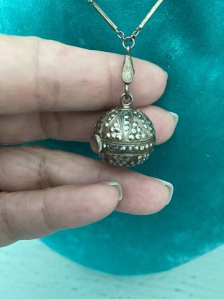 Vintage Bucherer 17 Jewel Marcasite Ball Pendent Watch Clear Beaded Chain 2