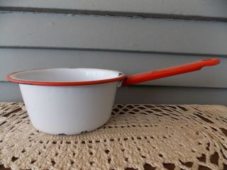 Vintage Enamelware White With Red Trim & Handle Small Sauce Pan