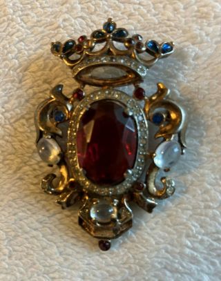 Vintage Trifari Crown Pin Gold Plated Silver With Garnet