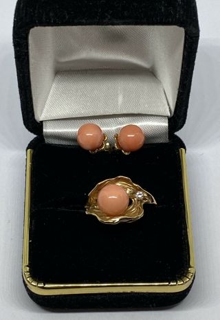 14k Yellow Gold Angel Skin Coral And Diamond Ring And Earrings Set 7.  4g Size 5