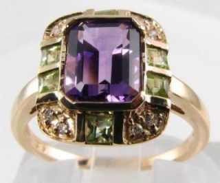 Large 9ct Gold Art Deco Ins Amethyst Peridot Diamond Ring Resize