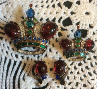 Vintage Trifari Sterling Coronation Crown Pin Brooch Earrings Ruby Red Cabochons