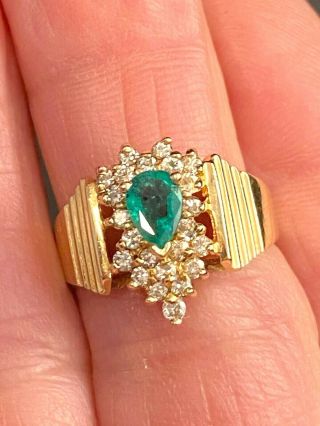 Effy 14k Yellow Gold Emerald Solitaire &.  40tcw Diamond Ring Size 6 Art Deco Rev