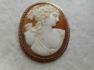 Late Victorian carved shell Diana the Huntress cameo & 14k yellow gold frame pin 3