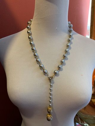 Sign Miriam Haskell Huge Baroque Silver Pearls Rhinestone Necklace Jewelry 28” 2