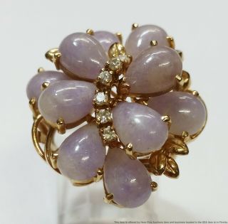 Vintage Lavender Jade Diamond 14k Gold Huge 10.  7g Ladies Mid Century Ring
