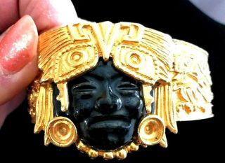 Salvador Teran Marbel Mexico 22k Plated Wide Aztec Pottery Face Cuff Bracelet