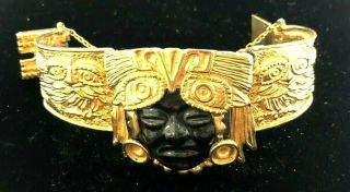 Salvador Teran Marbel Mexico 22K Plated Wide Aztec Pottery Face Cuff Bracelet 2
