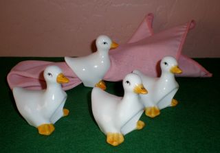 Set Of (4) White Porcelain " Geese/goose " Napkin Rings - Cute As Can Be