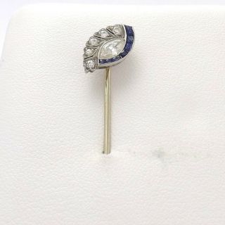 Art Deco Platinum 14k White Gold Marquise Diamond Sapphire Stick Scarf Pin