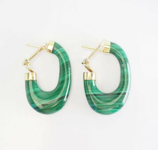 Large Modern Vintage 14k Yellow Gold And Malachite Hoop Earrings