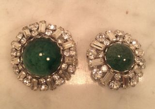 Set Of 2 Christian Dior For Kreamer Jade Gripoix Glass Cabochon Art Deco Pin