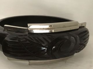 Vintage Carved Black Bakelite & Chrome Bracelet Hinged Art Deco Cuff / Bangle