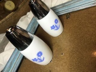 Vintage Gemco Milk Glass Blue Daisy Cornflower Salt & Pepper Shakers Shiny Lids