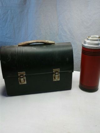 Vintage Early American Thermos Bottle Co.  Dome Lunchbox Metal Black With Thermos