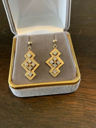 Vintage 14k Yellow Gold And Diamond Earrings.