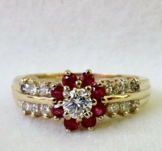 . 75 Ct.  Round Brilliant Cut Diamond & Natural Ruby 14k Gold Engagement Ring
