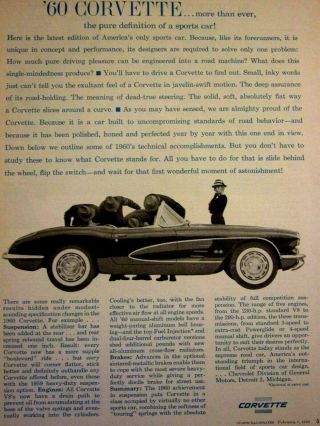 1960 Corvette Convertible Print Ad - 8.  5 X 11 "