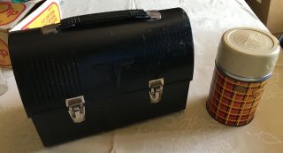 Vintage Black Metal Dome Lunch Box With Thermos