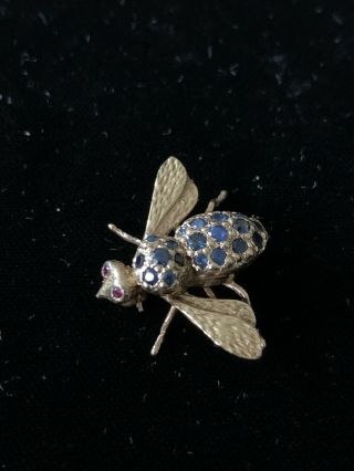 Vintage 14k Solid Yellow Gold Sapphire And Ruby Bee Fly Brooch Pin Insect Bug