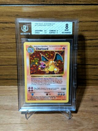 1999 Pokémon Card Base Set Shadowless Charizard Holo 4 / 102 Bgs 8 Nm -