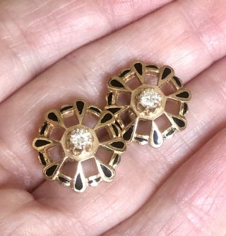 Stunning Art Deco 14k Yellow Gold Diamond,  Enamel Flower Earrings