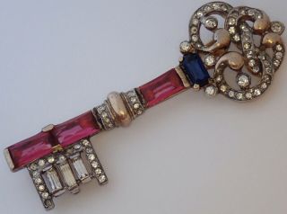 Vintage Trifari Sterling Silver Ruby Sapphire Rhinestone Skeleton Key Brooch