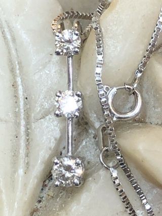 Estate Vintage 14k White Gold 3 Diamond Pendant Linear Necklace Signed Midas