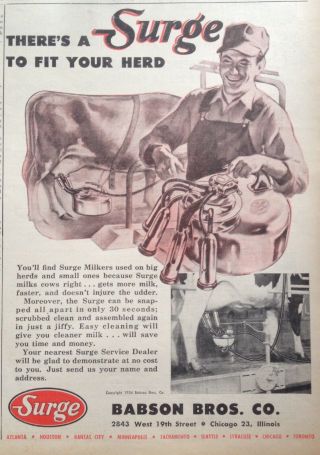 1955 Ad (xe23) Babson Bros.  Co.  Chicago.  Surge Milkers