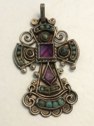 Matl Matilde Poulat Mexican Sterling Silver Amethyst Turquoise Cross Pendant